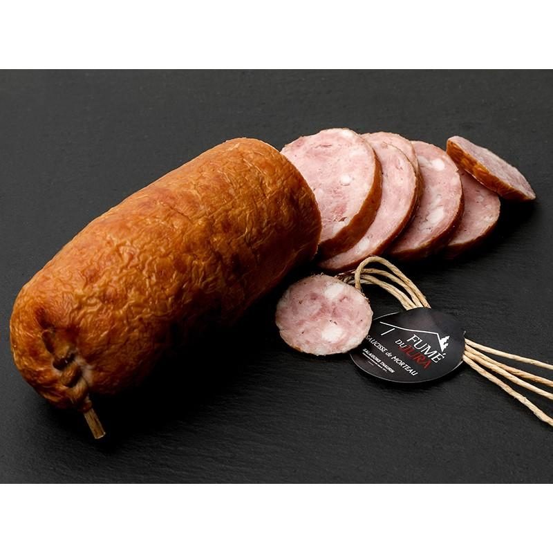 Saucisse de Morteau fumée tranchée sur ardoise