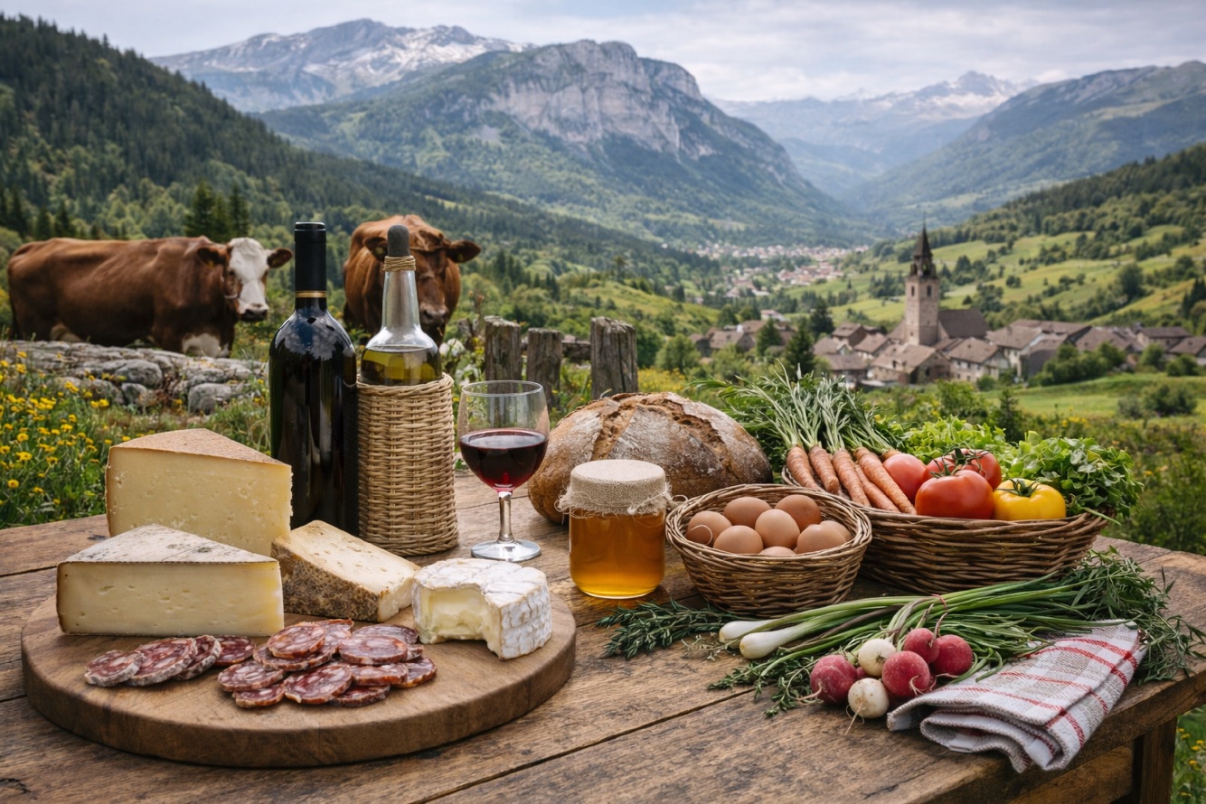 Les produits du terroir dressés face à la vallée : fromages, charcuteries, vin et miel au cœur du paysage jurassien